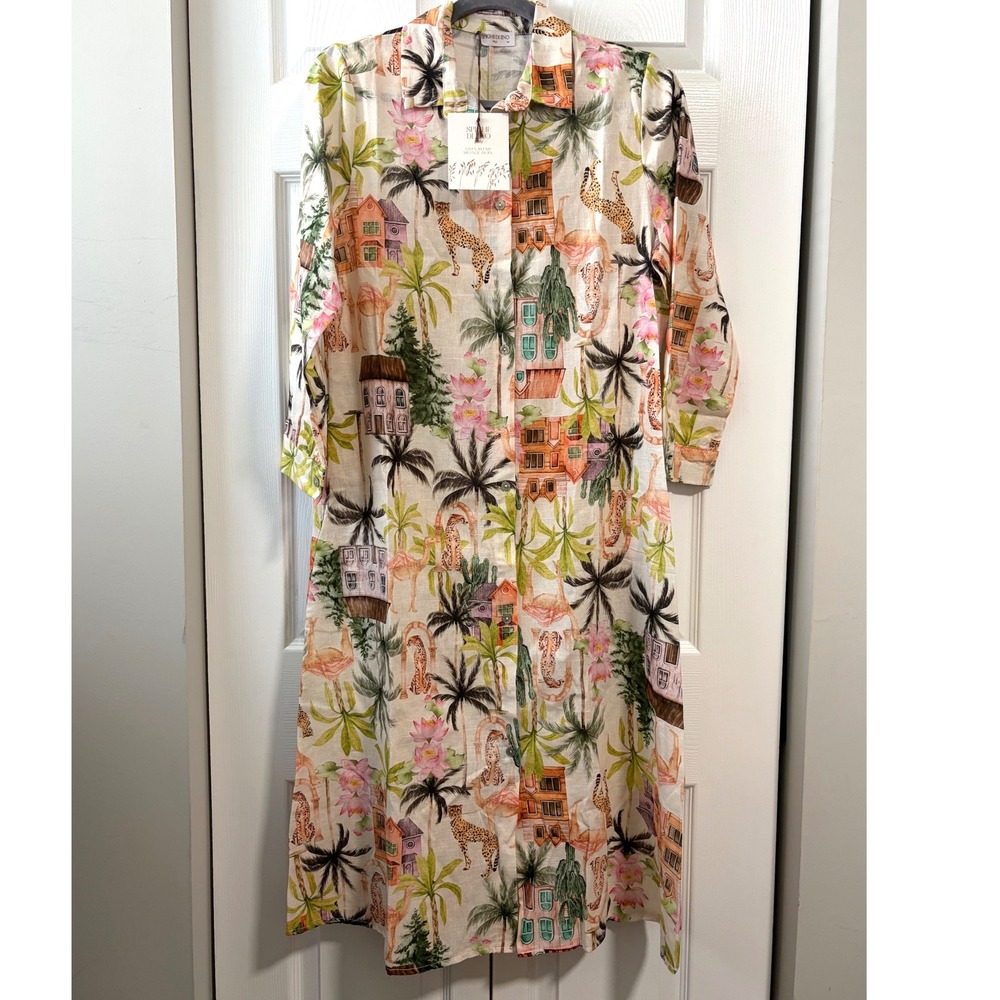 Spighe Di Lino Made in Italy Linen Blend Print Shirtdress Multi Size M